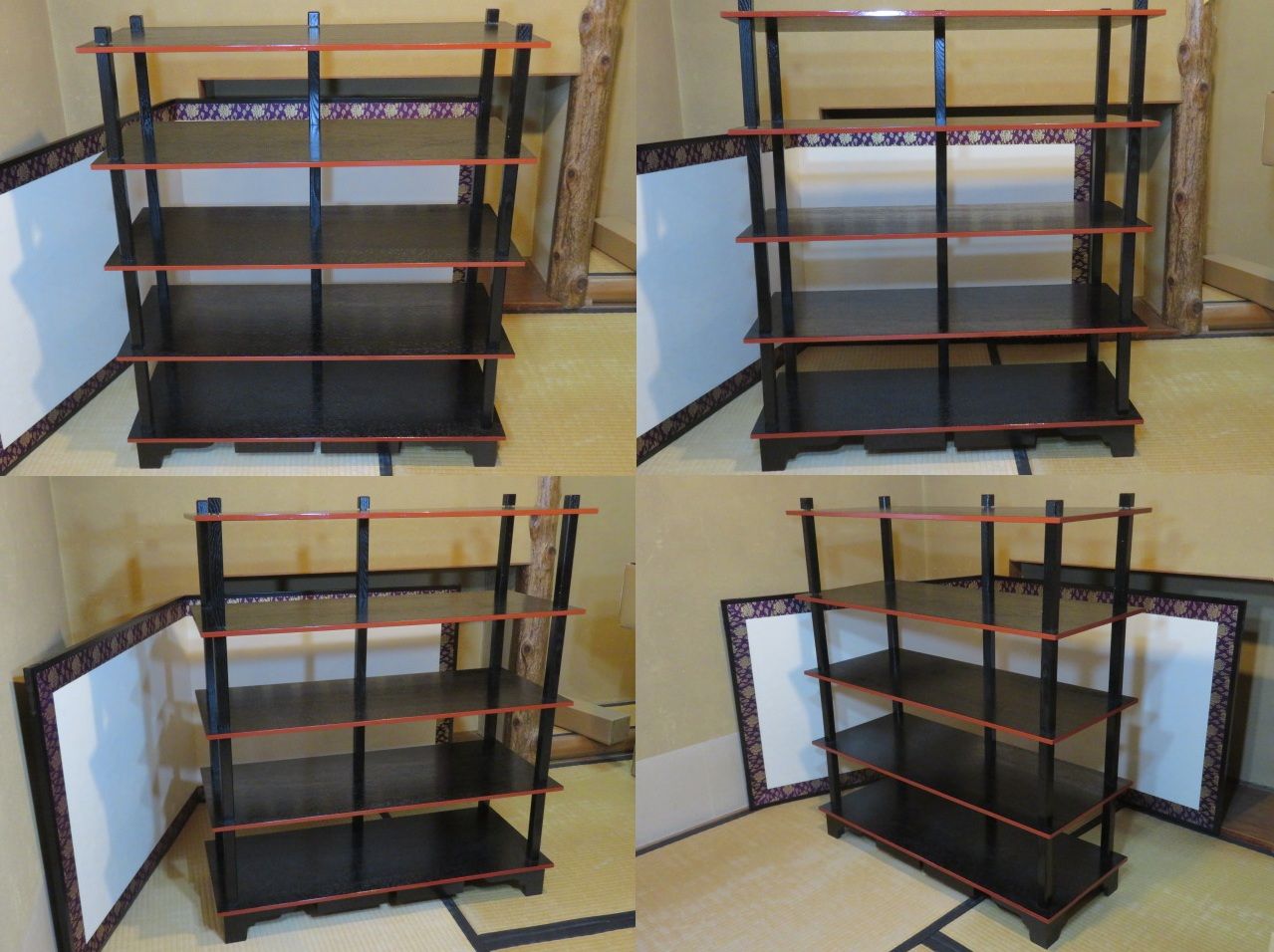 十二月◇特売品）懐石道具 木製組立式 五段配膳棚 木製五本柱【引出し