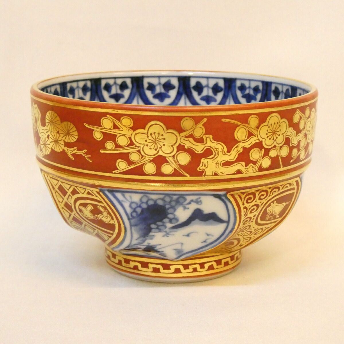 年末特売品】丹山窯 小峠葛芳作 祥瑞 金襴手 茶碗 染付 腰捻 茶道具
