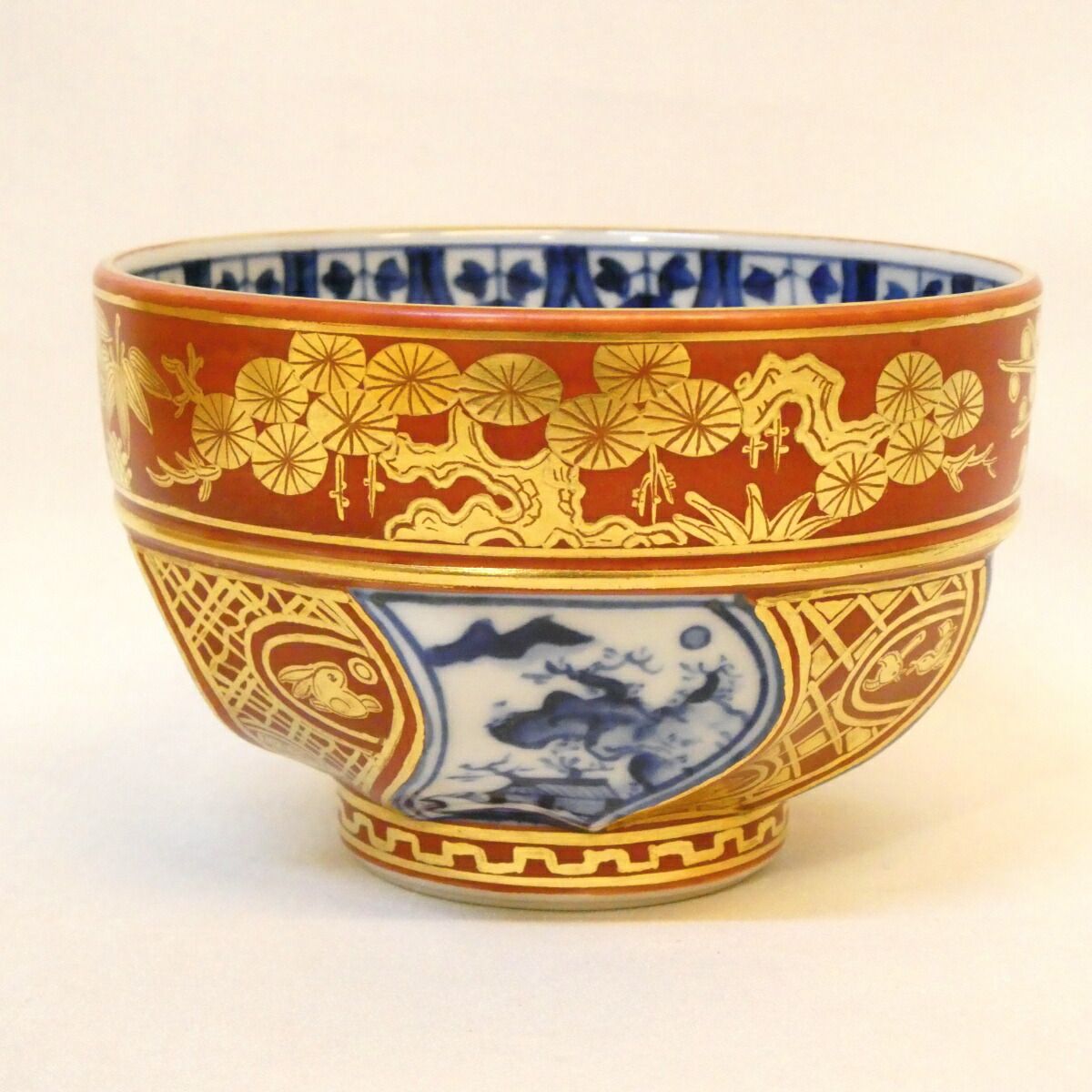 年末特売品】丹山窯 小峠葛芳作 祥瑞 金襴手 茶碗 染付 腰捻 茶道具