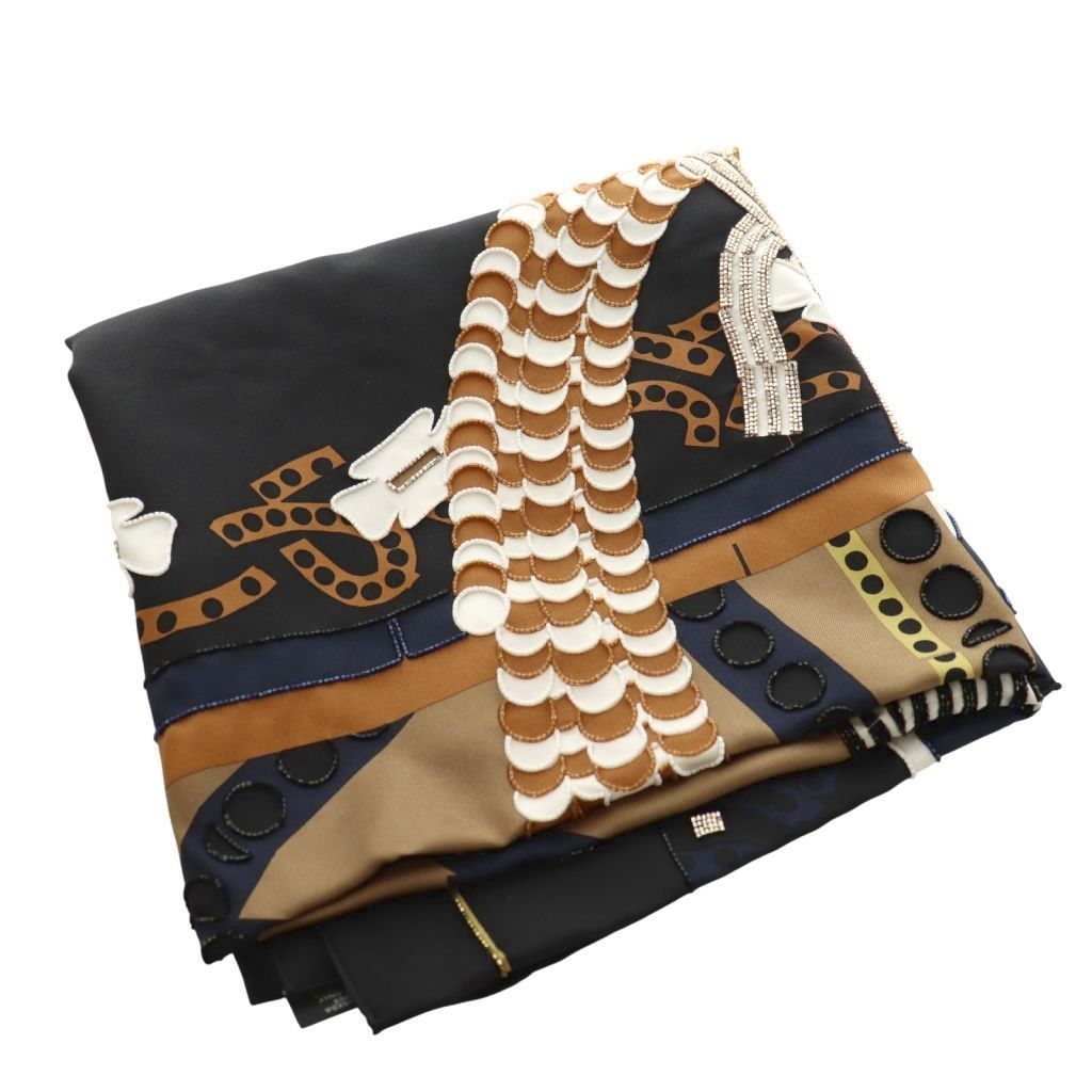 エルメス HERMES 24 SS カレ90 SILLA DE GAUCHO ビーズ刺繍スカーフ 装飾 黒 ブラック マルチ AQ OS OH