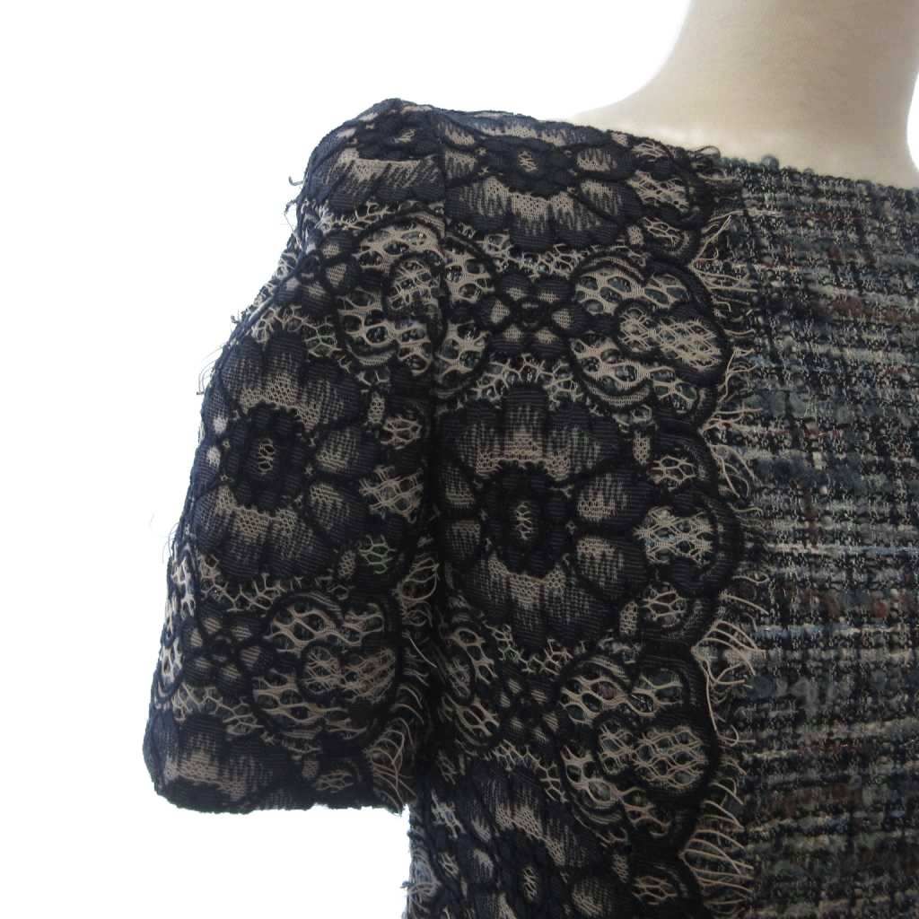 ユキトリイ YUKI TORII ワンピース ひざ丈 ツイード 半袖 レース 切替