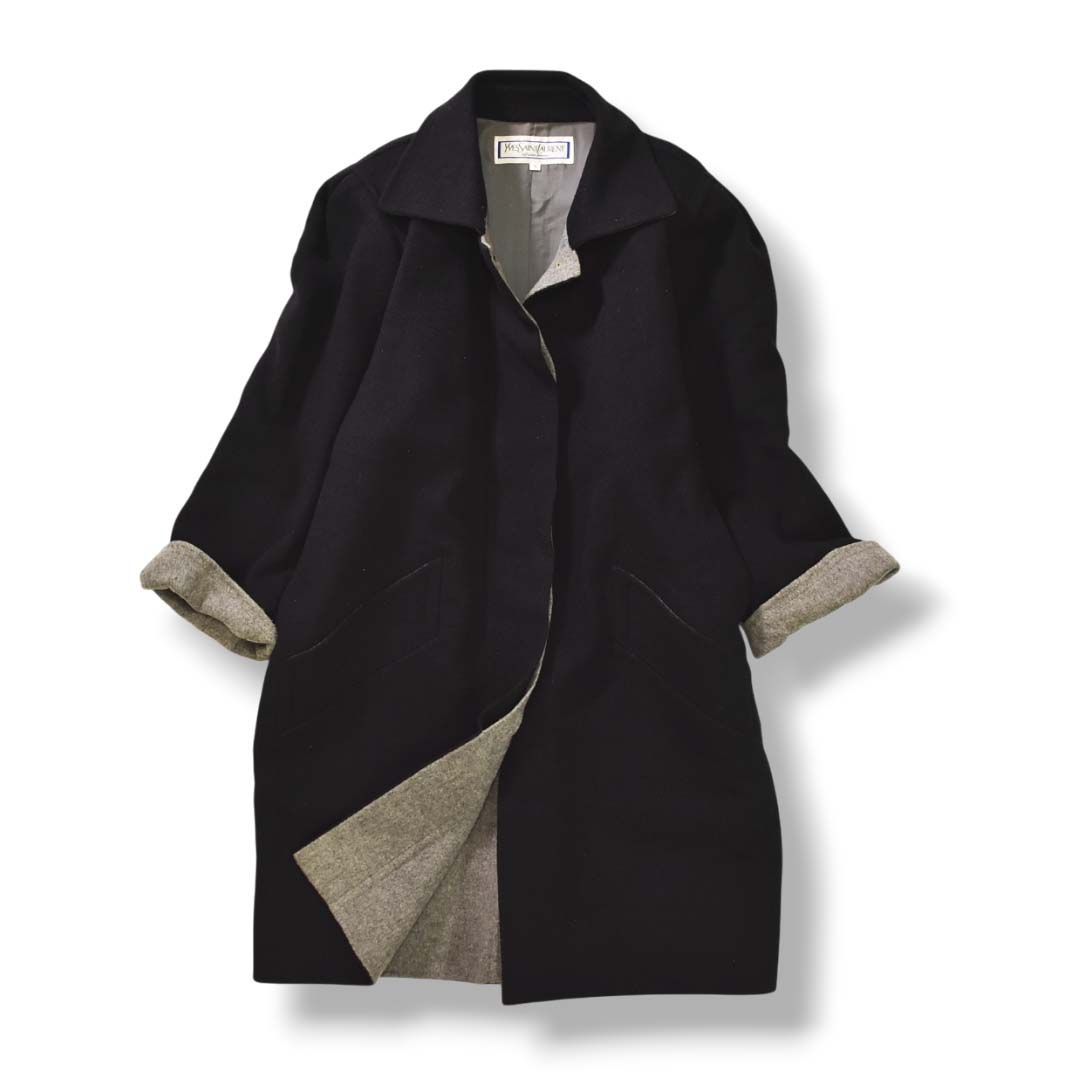 90 s ヴィンテージ イヴサンローラン YVES SAINT LAURENT YSL メルトン ウール ステン コート ミディ丈 膝下 背抜き ノーベント ブラック グレー ラグジュアリー ハイブランド レトロ カジュアル レディース