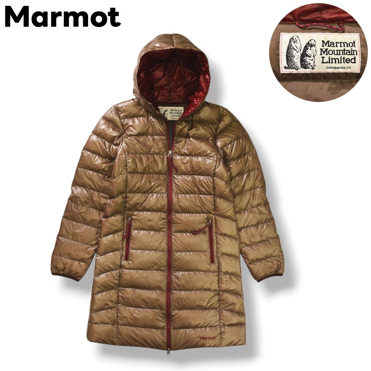 暖 デサント製 マーモット Marmot 750 FP フーデット キルティング ダウン コート ロング ジャケット ウィンドブレーカー ジャンパー ジップアップ L ベージュ アウトドア ウェア タウンユース レジャー レディース