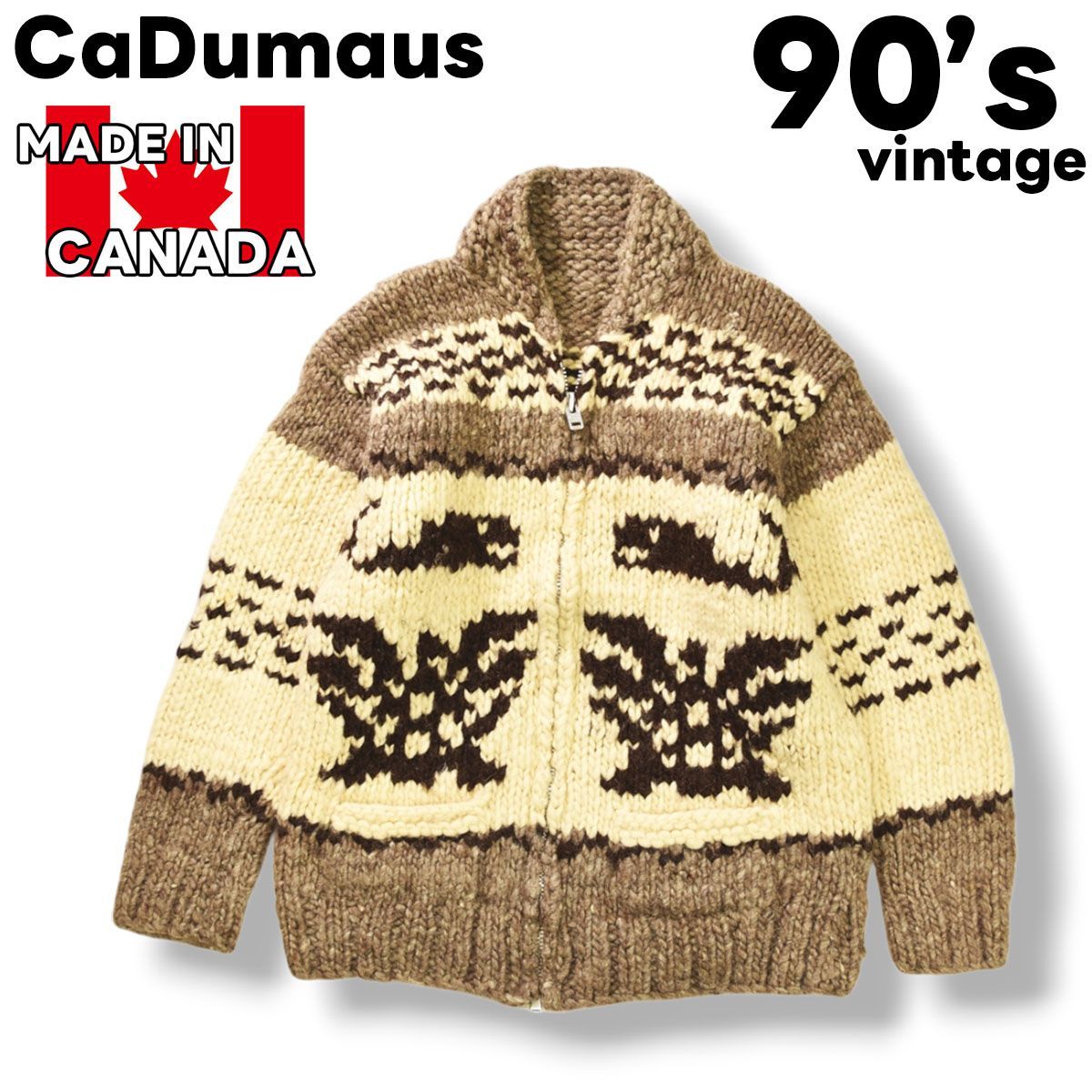 90 s ヴィンテージ カナダ製 カドマウス CaDumaus カウチン ニット セーター カーディガン ショール クジラ ファイヤーバード バッファロー アメリカバイソン 鯨 雷鳥 野牛 YKK ZIP L相当 総柄 ブラウンxクリーム メンズ