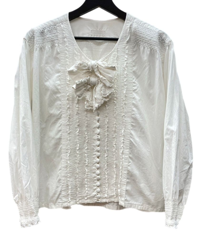 ピンクハウス PINK HOUSE ヴィンテージ アンティーク リボンモチーフ ピンタック ブラウス フロントボタン ピコフリル ロリータ ゴスロリ レトロ WHITE 白 長袖シャツ ホワイト 104 LT 285