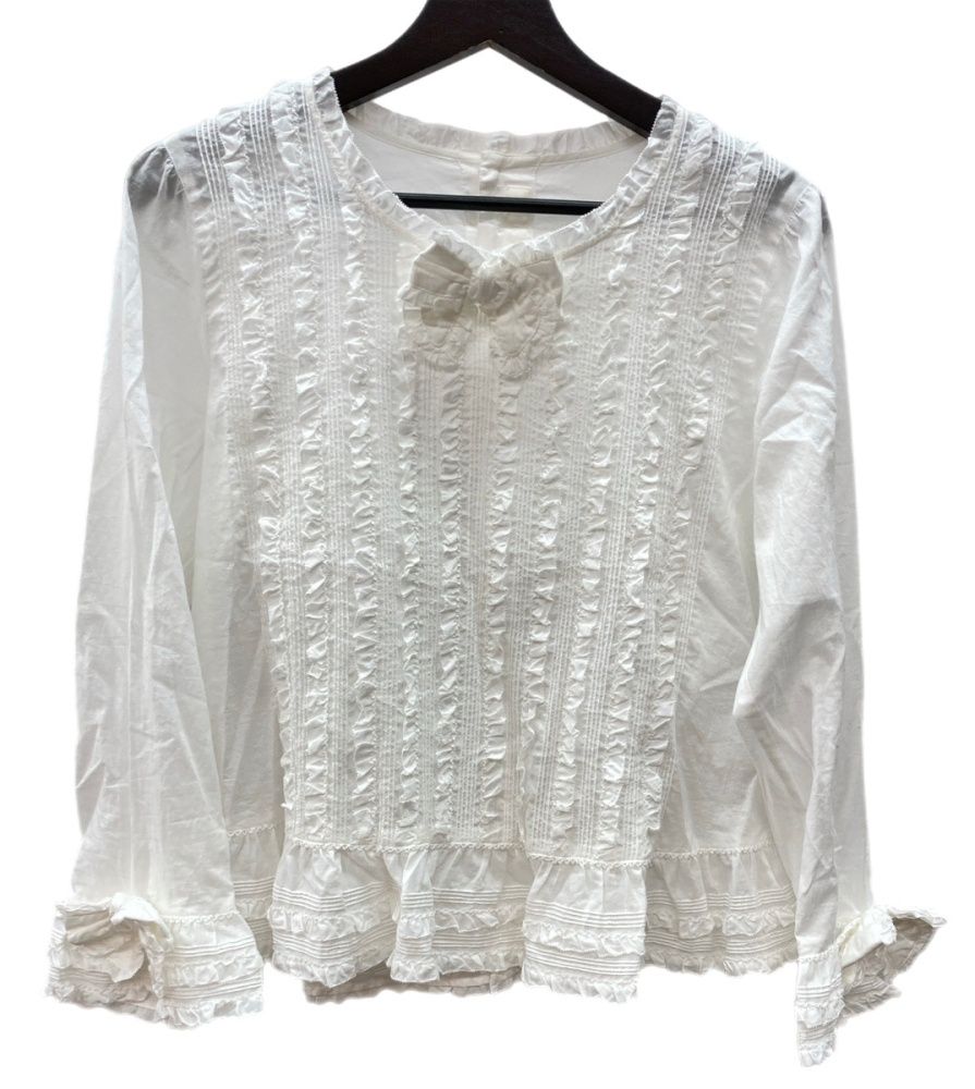 ピンクハウス PINK HOUSE 23 AW フリルいっぱい ローンオーバー ブラウス リボンモチーフ バックボタン レース ピコフリル ロリータ ゴスロリ レトロ WHITE 白 A 2133 FB 370 長袖シャツ ホワイト 104 LT 286