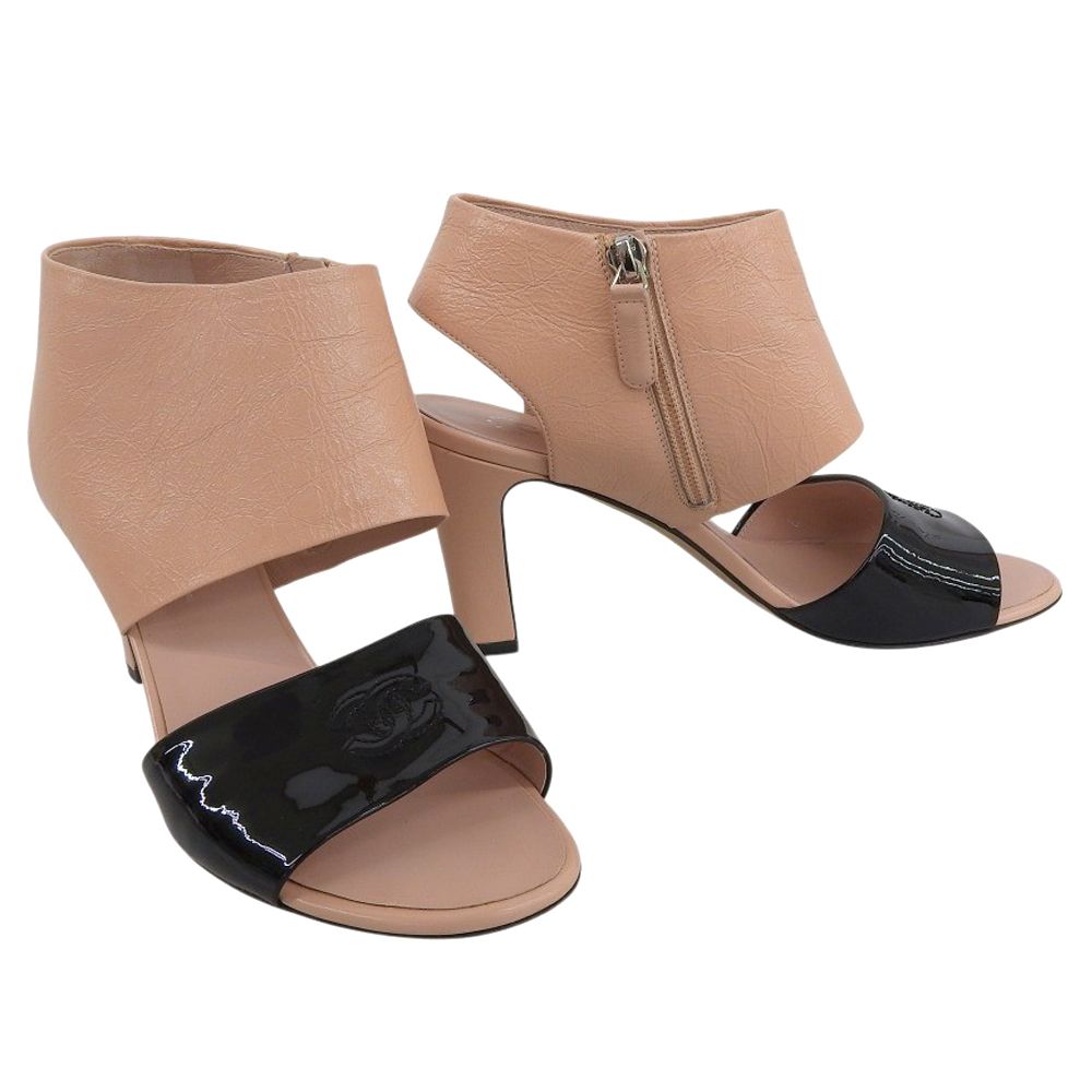 超 シャネル CHANEL ロゴ G 31506 パテント × カーフ バイ サンダル 37 23.5 cm 黒 ピンク 程度