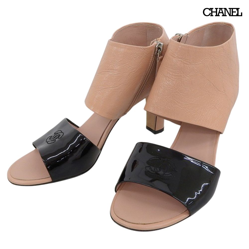 超 シャネル CHANEL ロゴ G 31506 パテント カーフ バイ サンダル 37 23 5 cm 黒 ピンク 程度