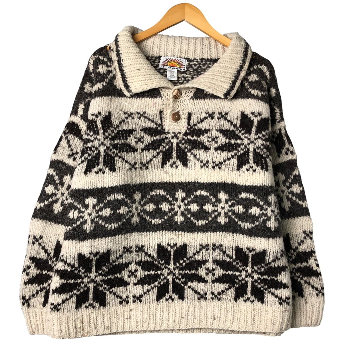 古着 nvevo スノー柄 雪柄 ポロニットセーター エクアドル製 メンズXL相当 eaa 598750