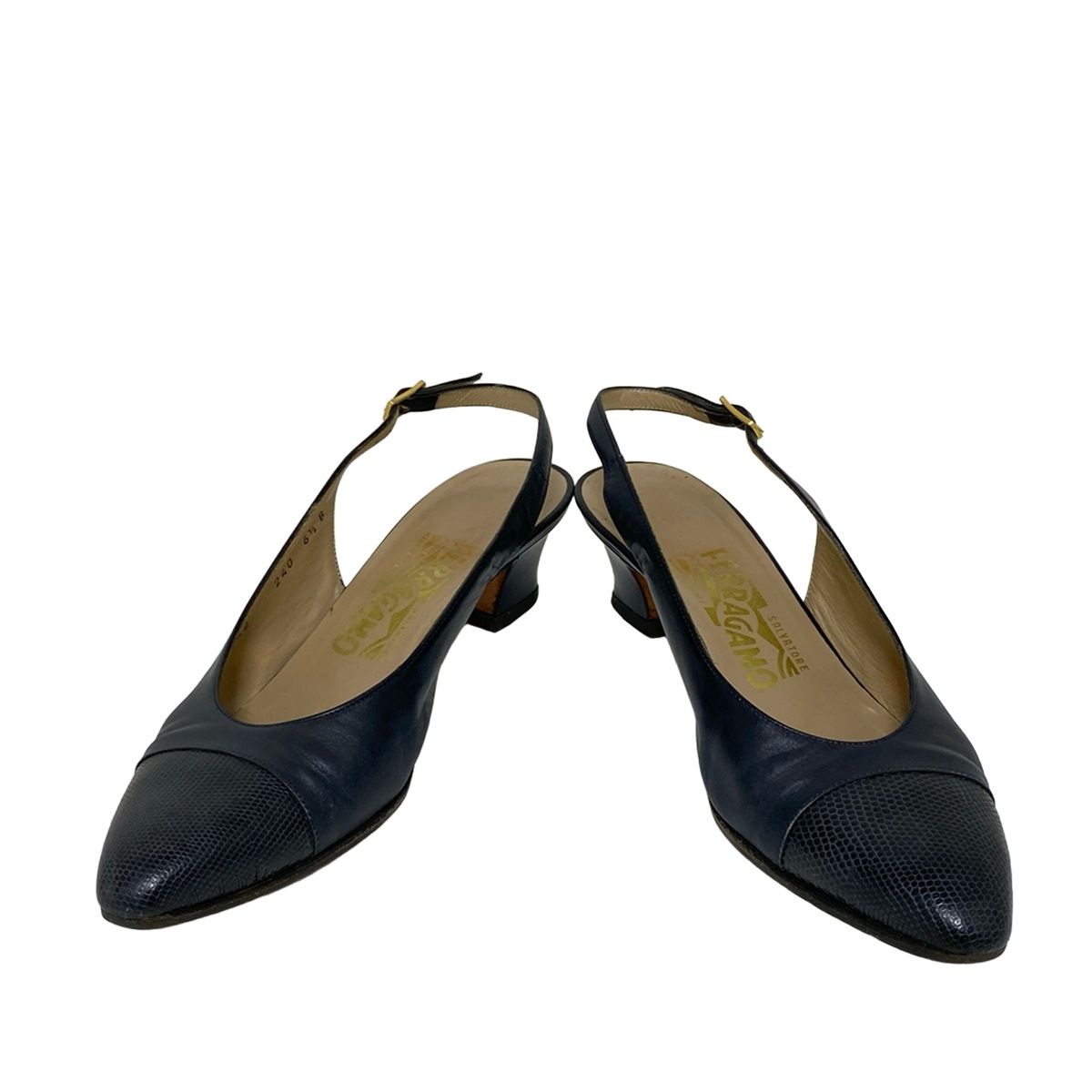 サルバトーレフェラガモ サンダル 6 1 2 B レディース - ダークネイビー 型押し加工 アウトソール張替済 レザー