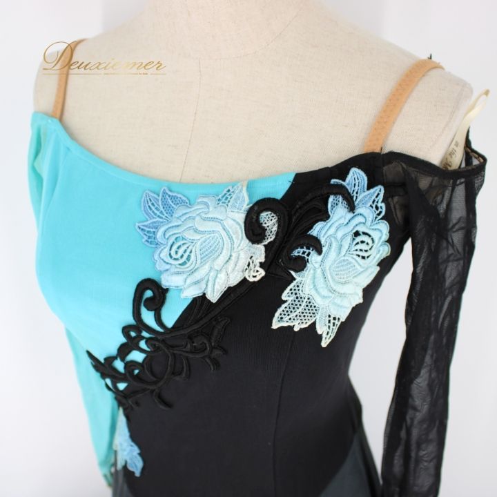 社交ダンス 衣装 ドレス ワンピース パーティ衣装 ブラック系 ライトブルー系 in the MOOD イン ザ ムード 花柄 薔薇 Mサイズ 120 cm 伸縮性 ポリエステル ナイロン おしゃれ シック パーティー コスチューム