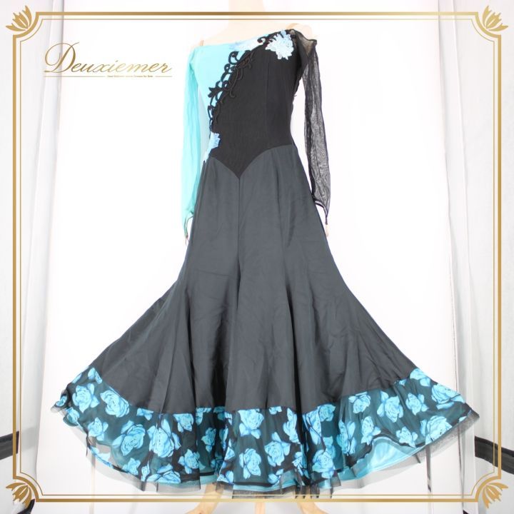 社交ダンス 衣装 ドレス ワンピース パーティ衣装 ブラック系 ライトブルー系 in the MOOD イン ザ ムード 花柄 薔薇 Mサイズ 120 cm 伸縮性 ポリエステル ナイロン おしゃれ シック パーティー コスチューム