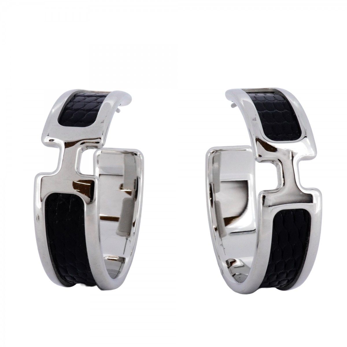 5 jpb 0340 エルメス ピアス オランプ フープ メタル シルバー ブラック レディース