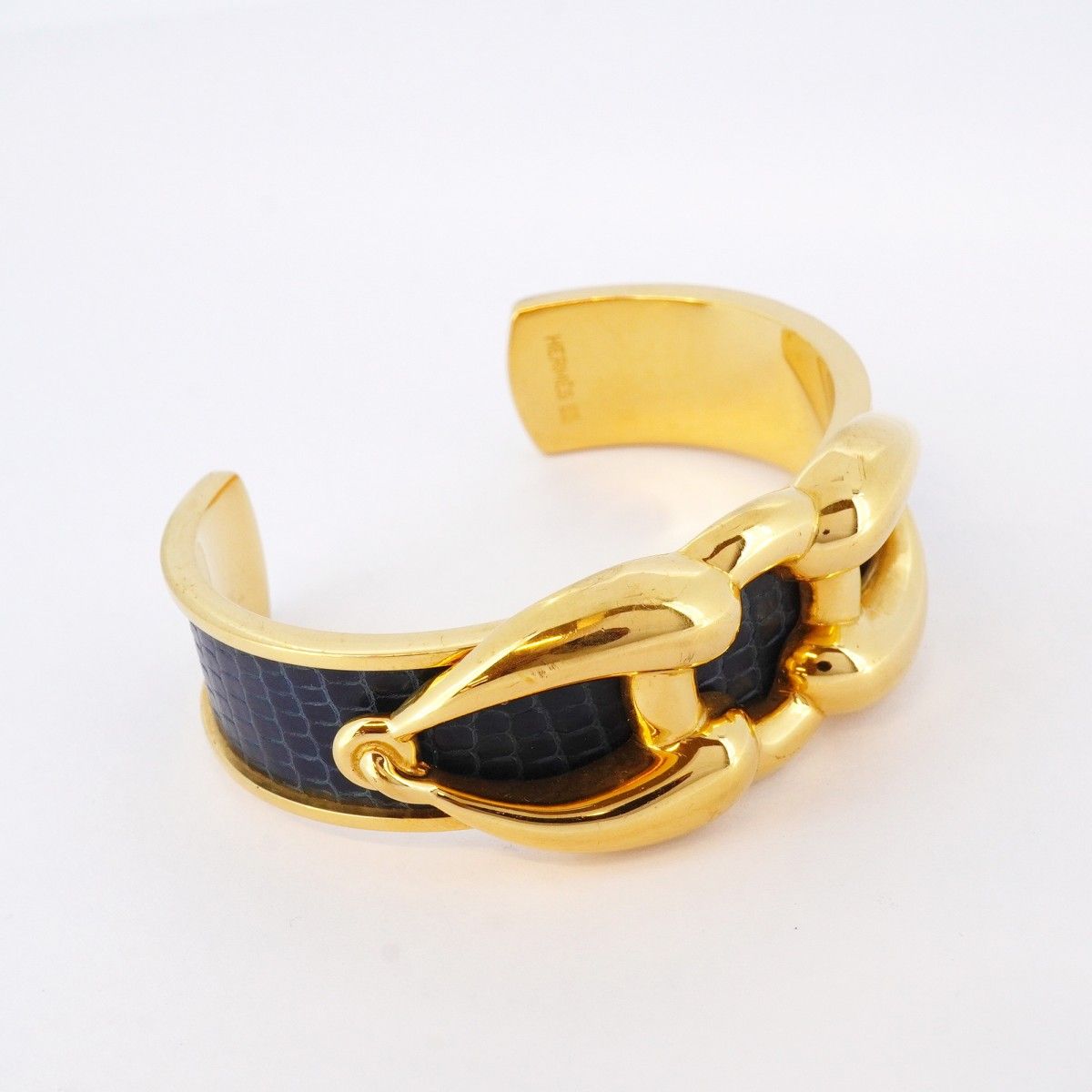 5 jpb 0344 エルメス バングル GPメッキ リザード ゴールド ネイビー レディース