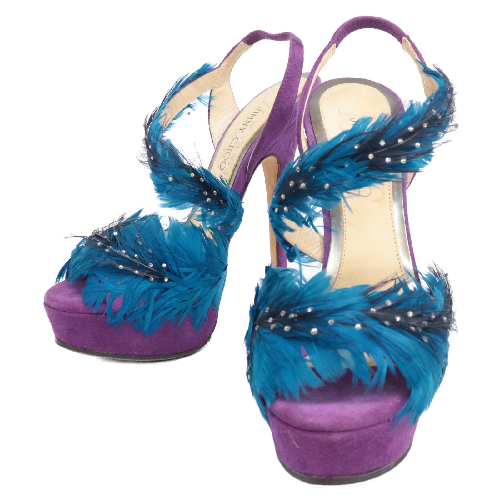 JIMMY CHOO ジミーチュウ ICONS MARLENA フェザー ラインストーン装飾 スエード ストラップ プラットフォーム サンダル 35 1 2