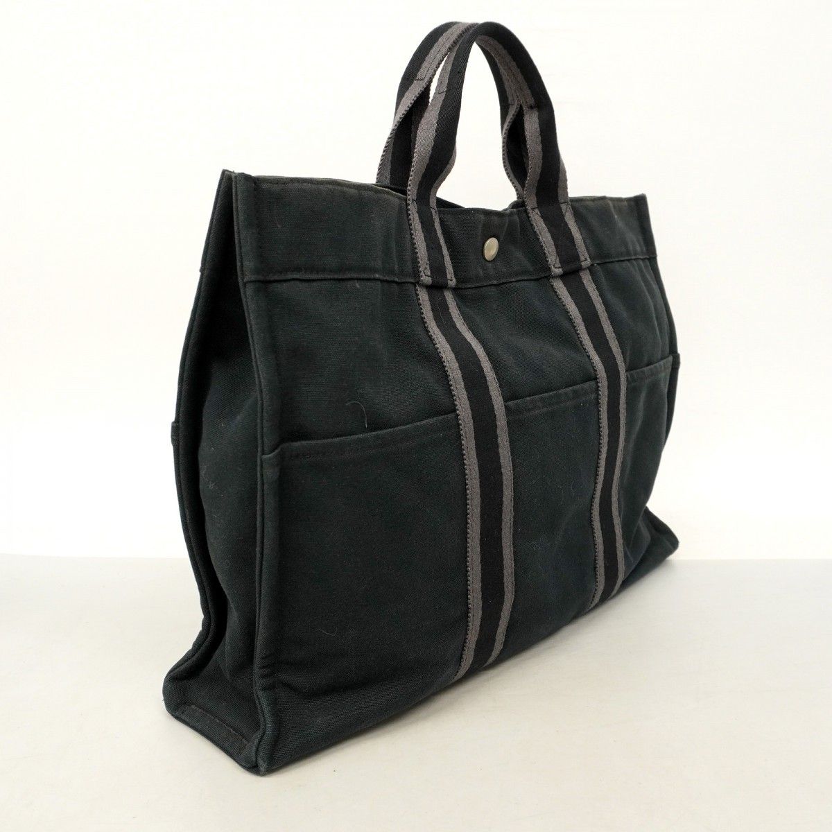 5 pc 3733 エルメス トートバッグ フールトゥMM キャンバス ブラック シルバー金具 レディース