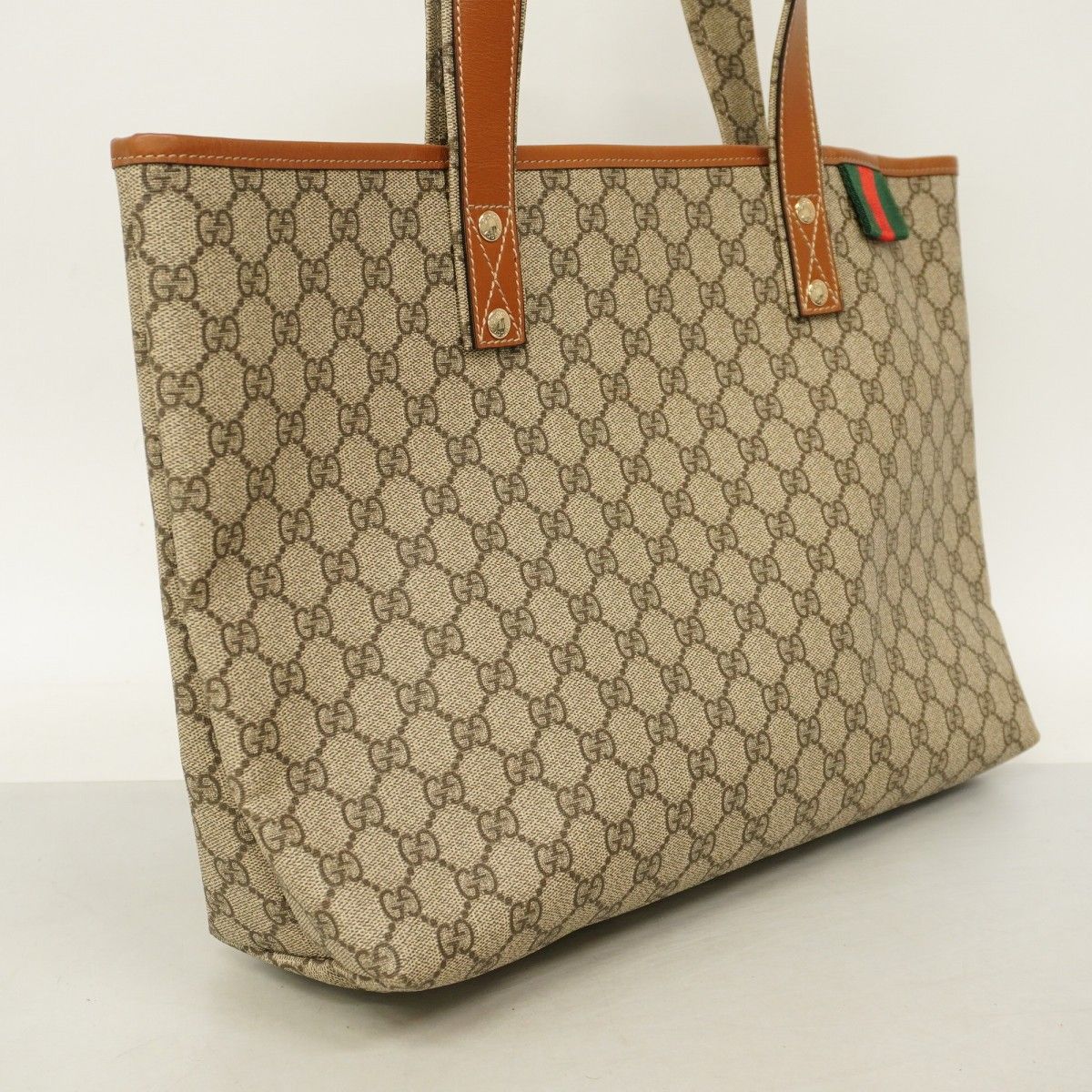 5 pc 3853-k グッチ トートバッグ GGスプリーム シェリーライン 211134 PVC ブラウン シャンパンゴールド金具 レディース