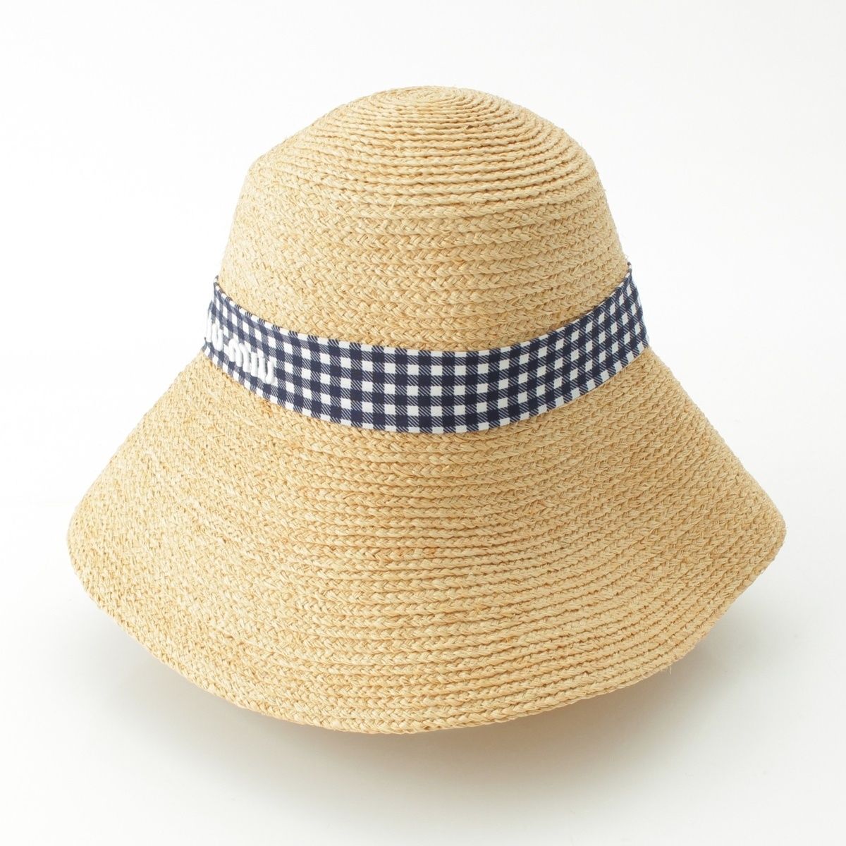 ミュウミュウ 22年 ラフィア ロゴ チェックリボン ハット 麦わら帽子