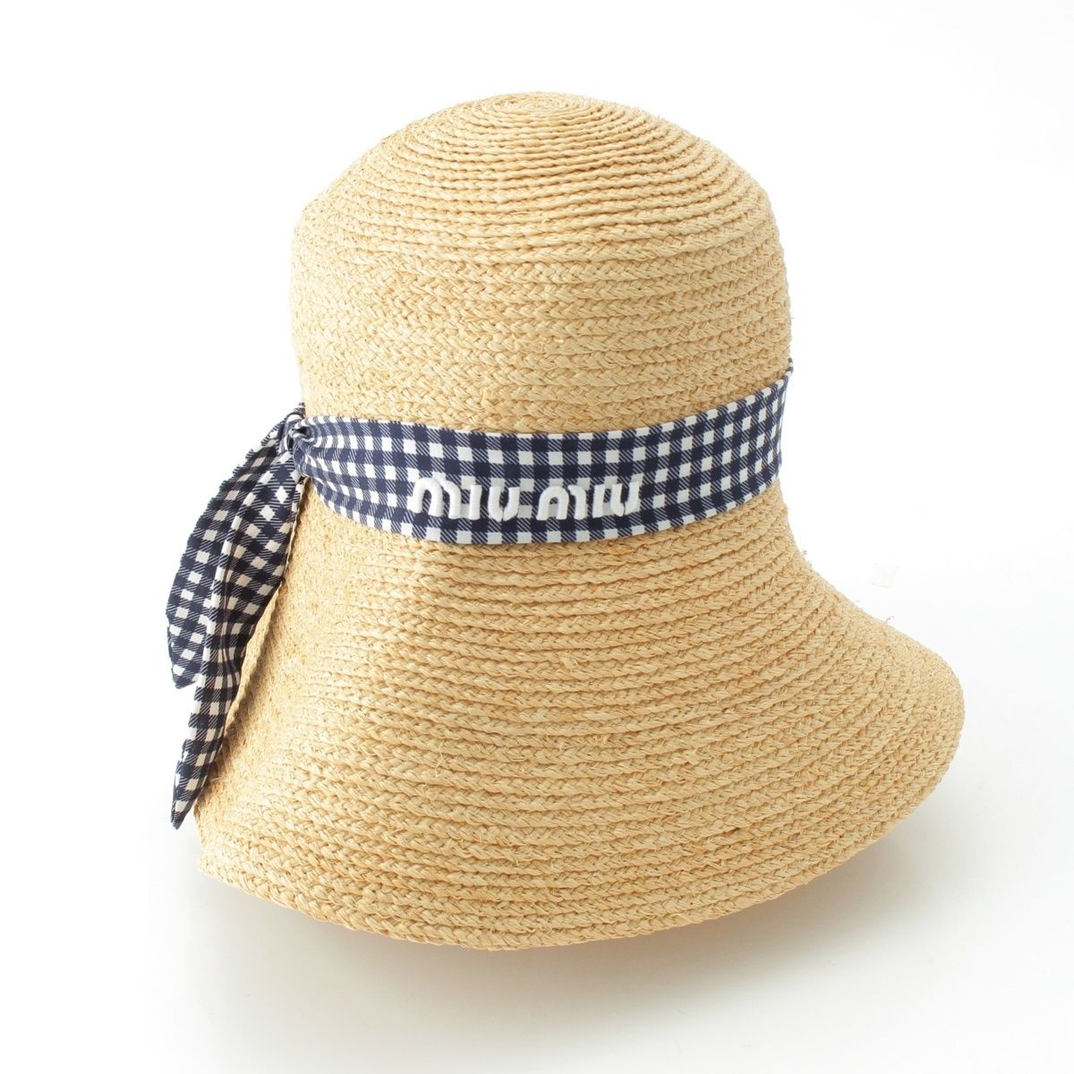 ミュウミュウ 22年 ラフィア ロゴ チェックリボン ハット 麦わら帽子 5 HC 245 ベージュ M