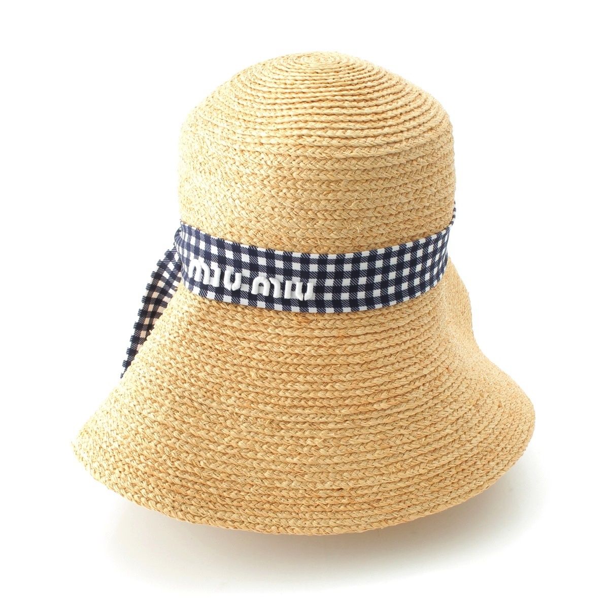 ミュウミュウ 22年 ラフィア ロゴ チェックリボン ハット 麦わら帽子