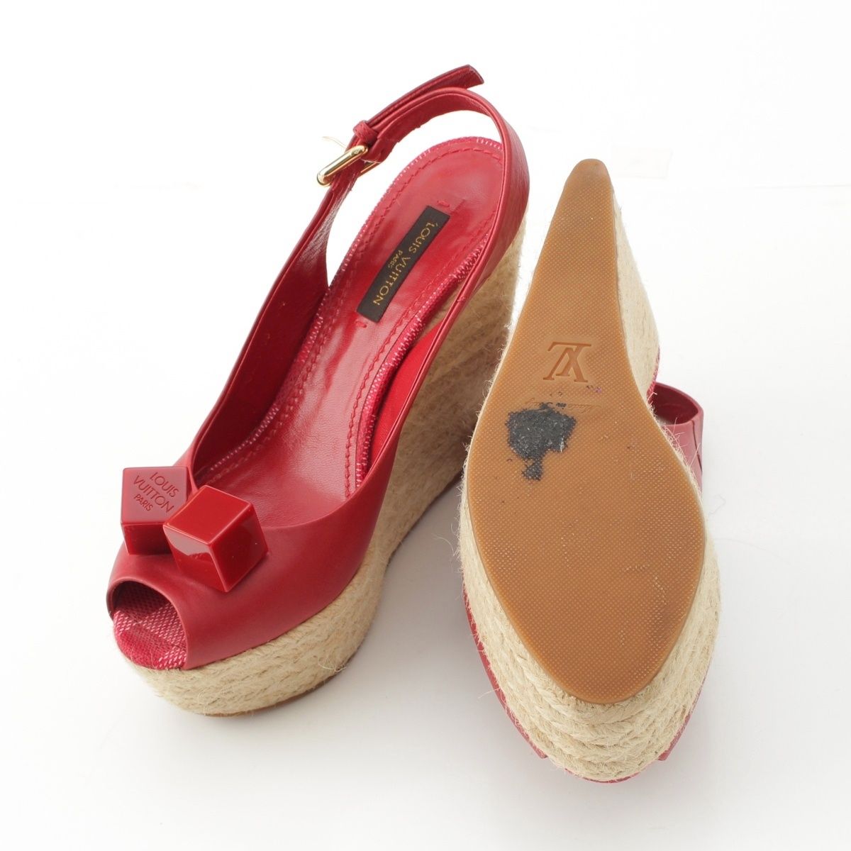  ルイヴィトン ダミエ レザー ウェッジソール キューブ ヒール サンダル シューズ CL 1103 レッド 34 サンダル サンダル ミュール
