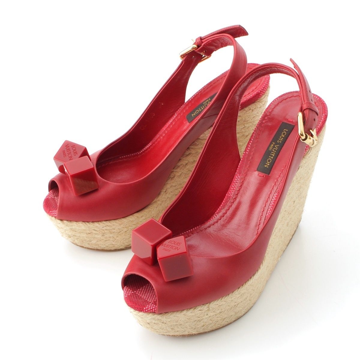 ルイヴィトン ダミエ レザー ウェッジソール キューブ ヒール サンダル シューズ CL 1103 レッド 34