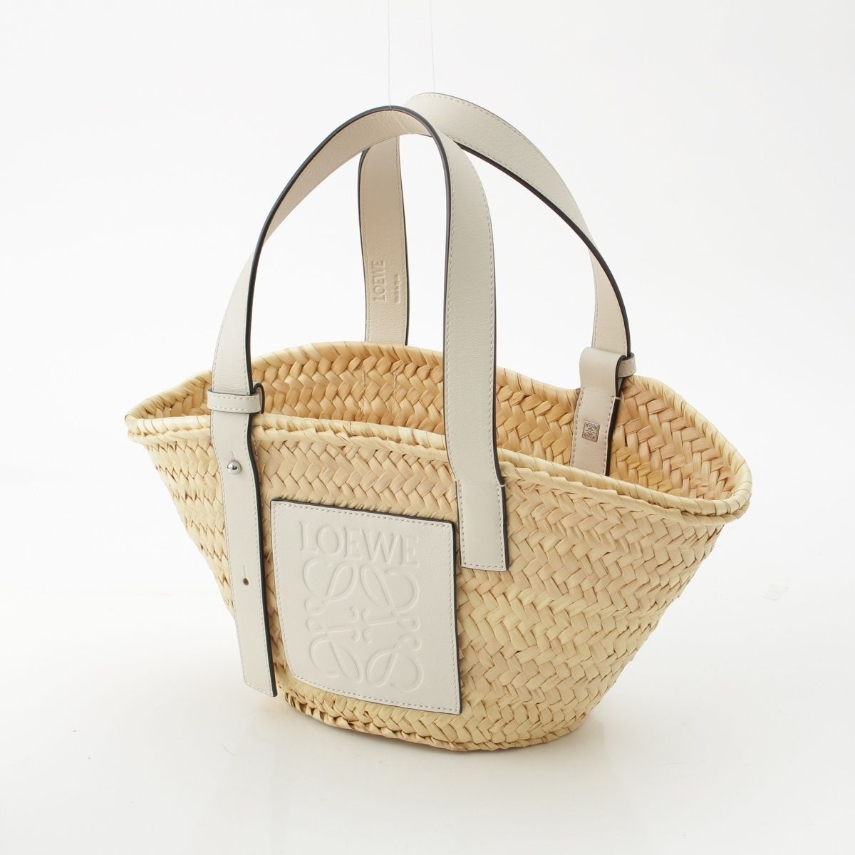 ロエベ バスケットスモール ラフィア×レザー ハンドバッグ かごバッグ ベージュ ホワイト