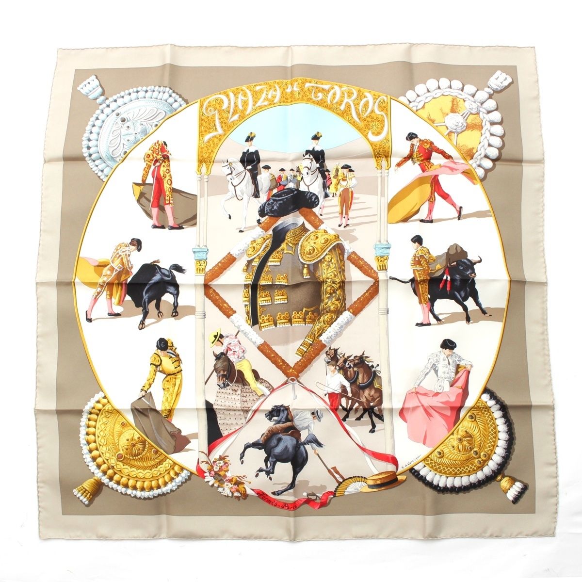 エルメス カレ90 シルク PLAZA DE TOROS 闘牛場 スカーフ グレー【中古