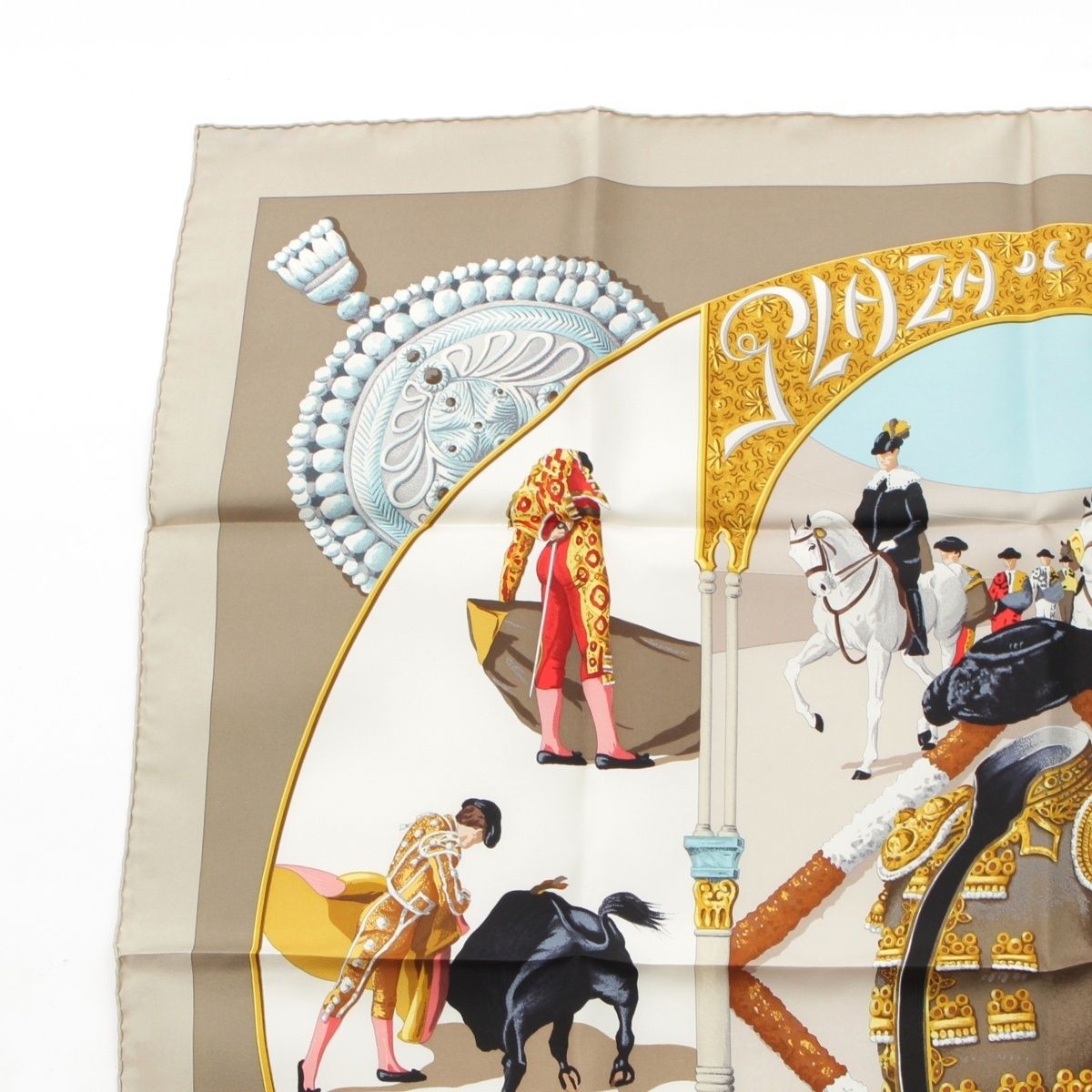 エルメス カレ90 シルク PLAZA DE TOROS 闘牛場 スカーフ グレー【中古