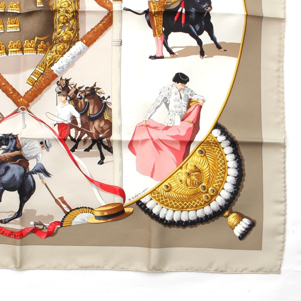 エルメス カレ90 シルク PLAZA DE TOROS 闘牛場 スカーフ グレー【中古