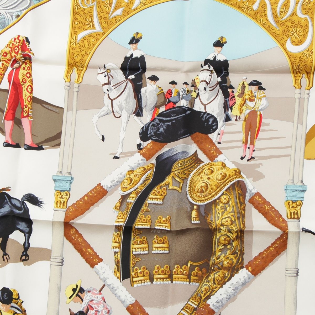 箱付き✨️HERMES カレ90 闘牛場 PLAZA DE TOROS シルク HERMES Carre 90 PLAZA DE TOROS Silk Scarf Blue Black W 90cm Japan