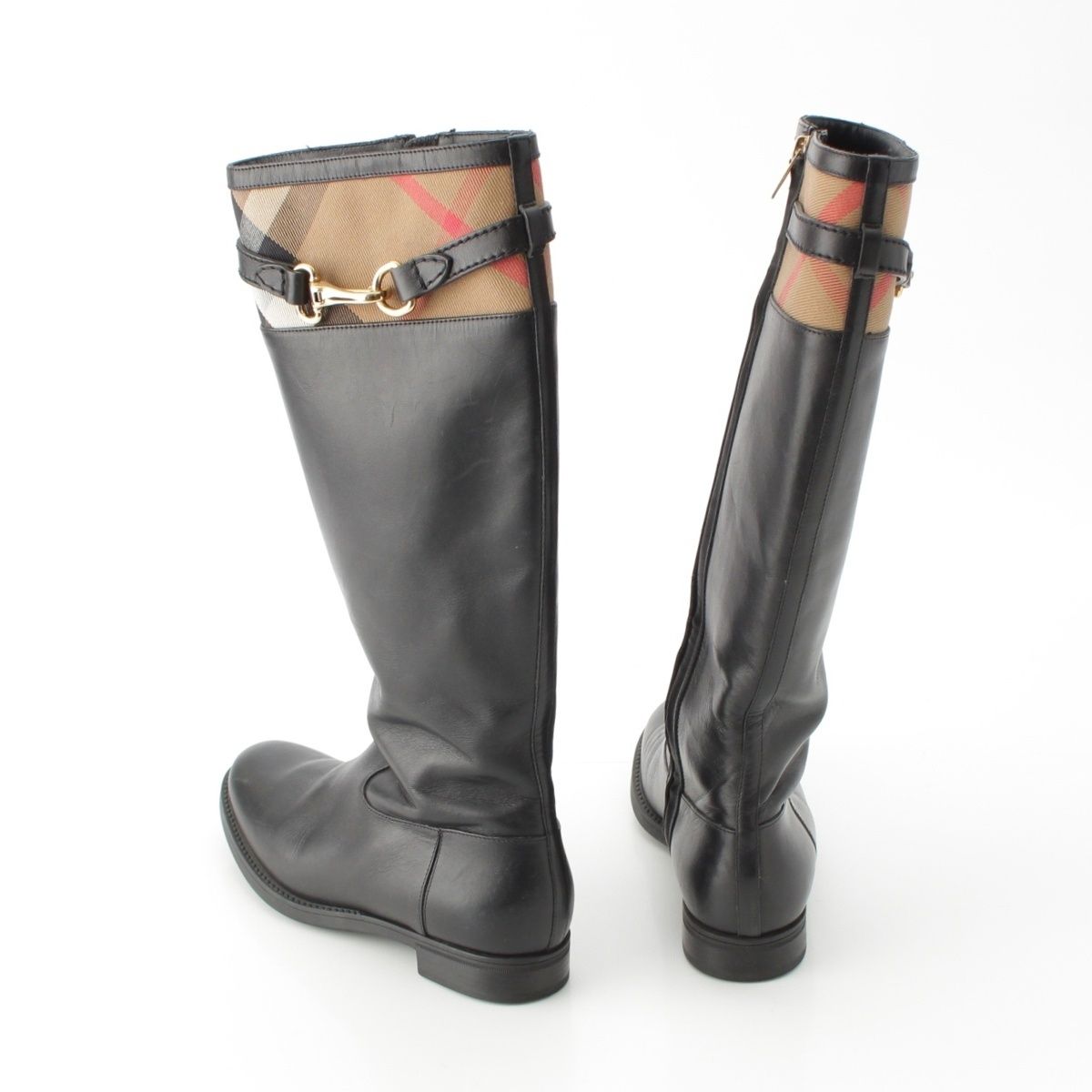 バーバリー レザー ノバチェック ロング ブーツ シューズ ブラック 36