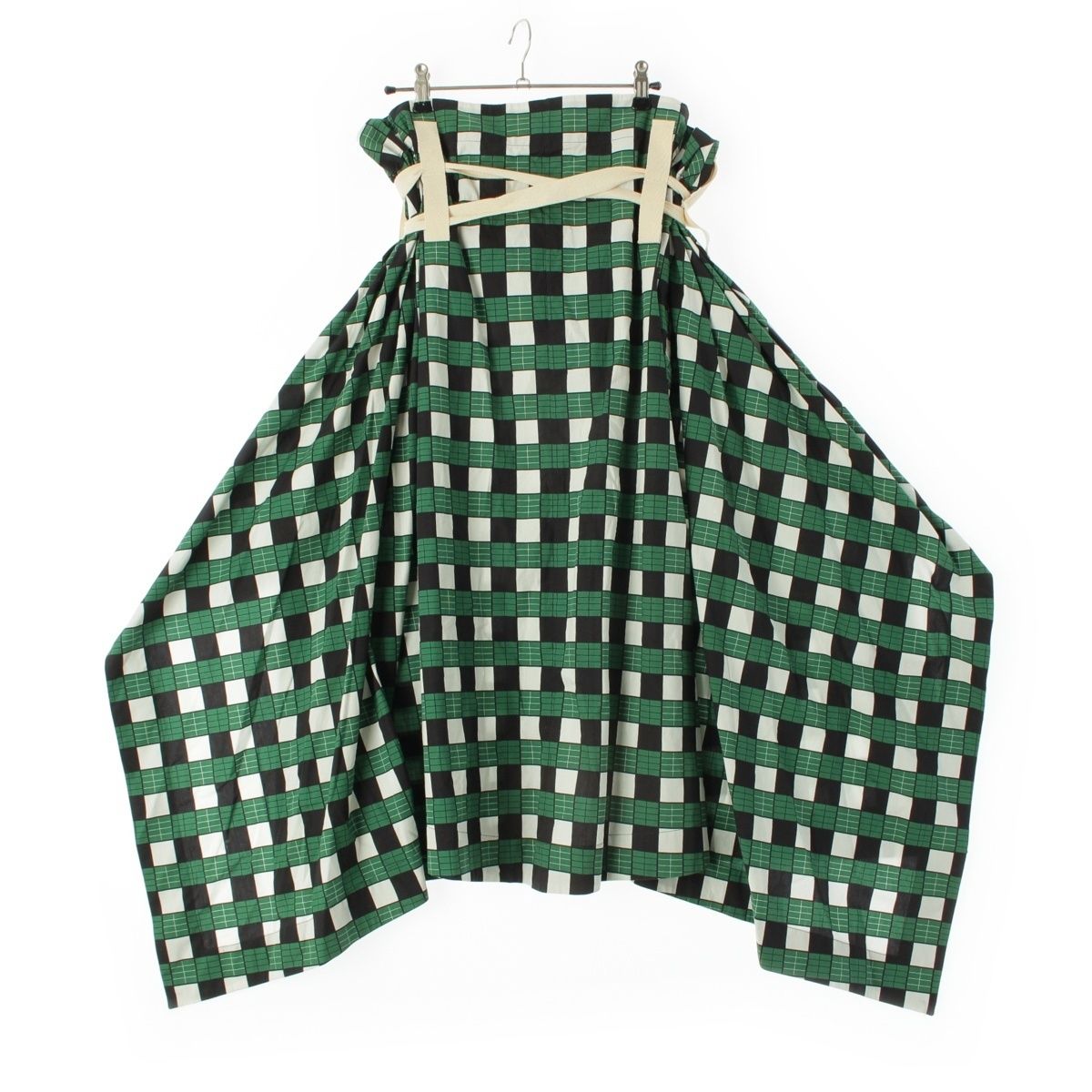 プランシー コットン リボンベルト デザイン チェック スカート グリーン ホワイト 42