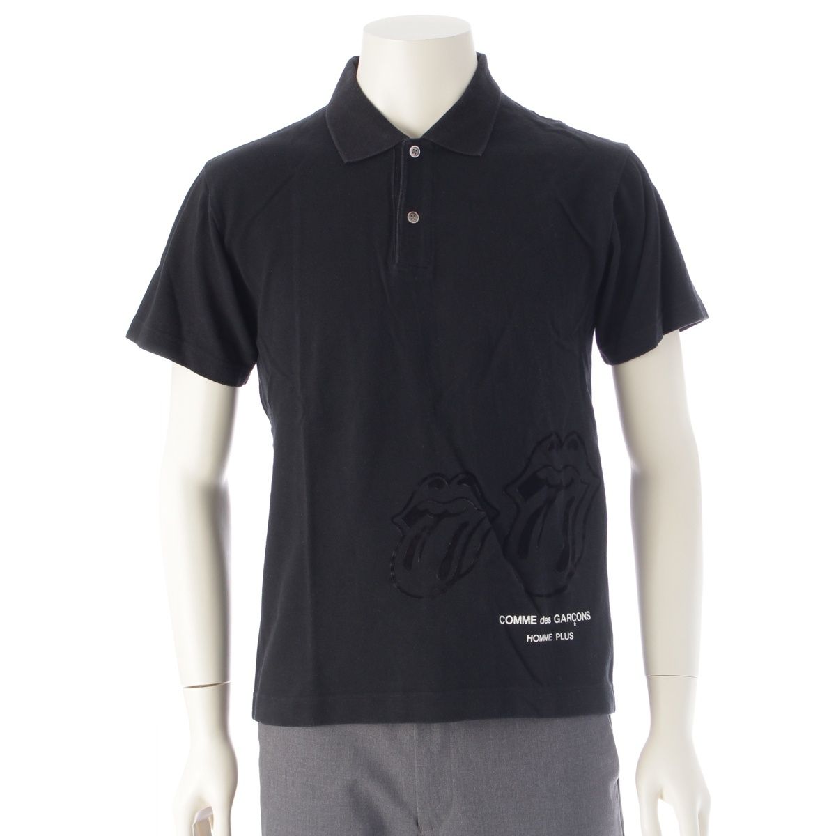 コムデギャルソンオムプリュス AD 2005 コットン ザローリングストーンズ リップ＆タン ロゴプリント ポロシャツ トップス PP-T 038 ブラック M