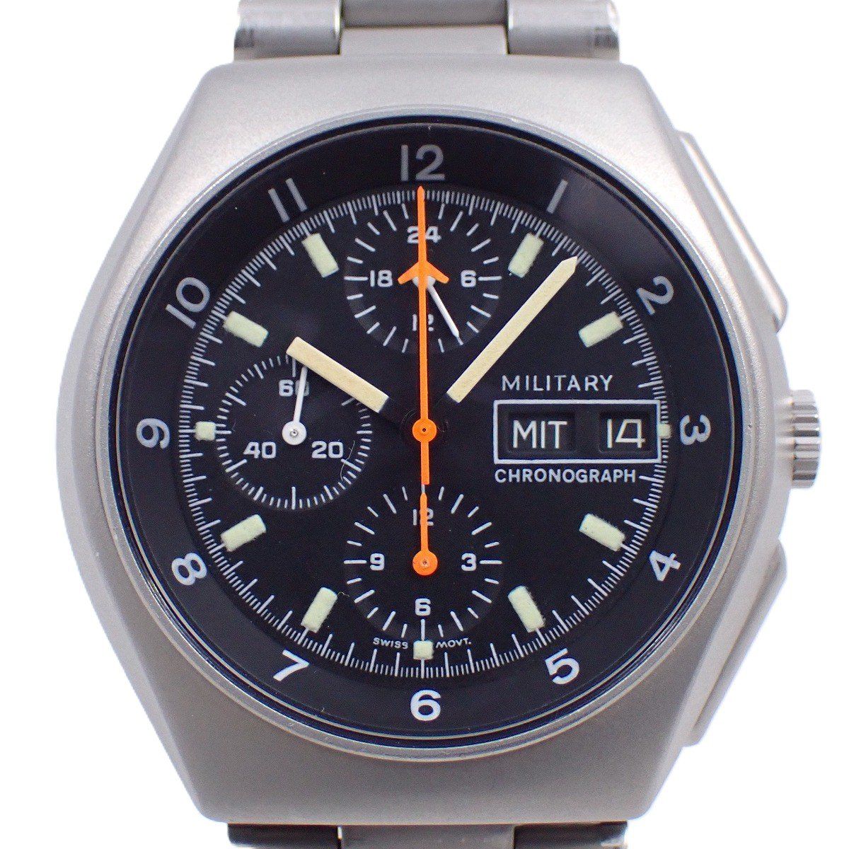 OH済み TUTIMA チュチマ ミリタリー クロノグラフ デイデイト 自動巻き メンズ 腕時計 黒文字盤 SSベルト 798-02