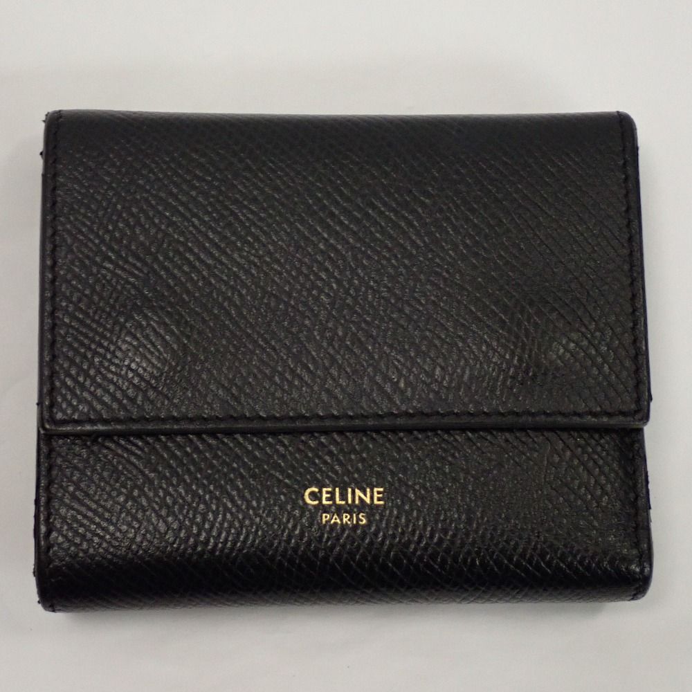 Th 660841 セリーヌ スモールトリフォールドウォレット 本革 ブラック×ゴールド系 レディース 三つ折り財布 CELINE
