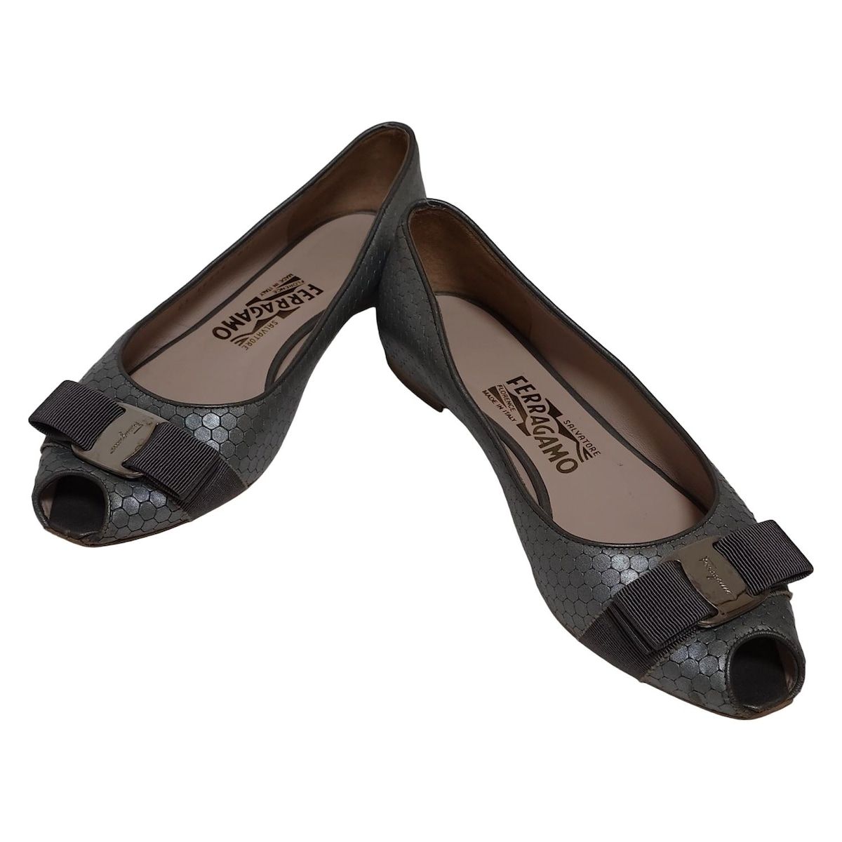 サルバトーレフェラガモ フラットシューズ 7 C レディース - グレー ヴァラ 型押し加工 オープントゥ レザー