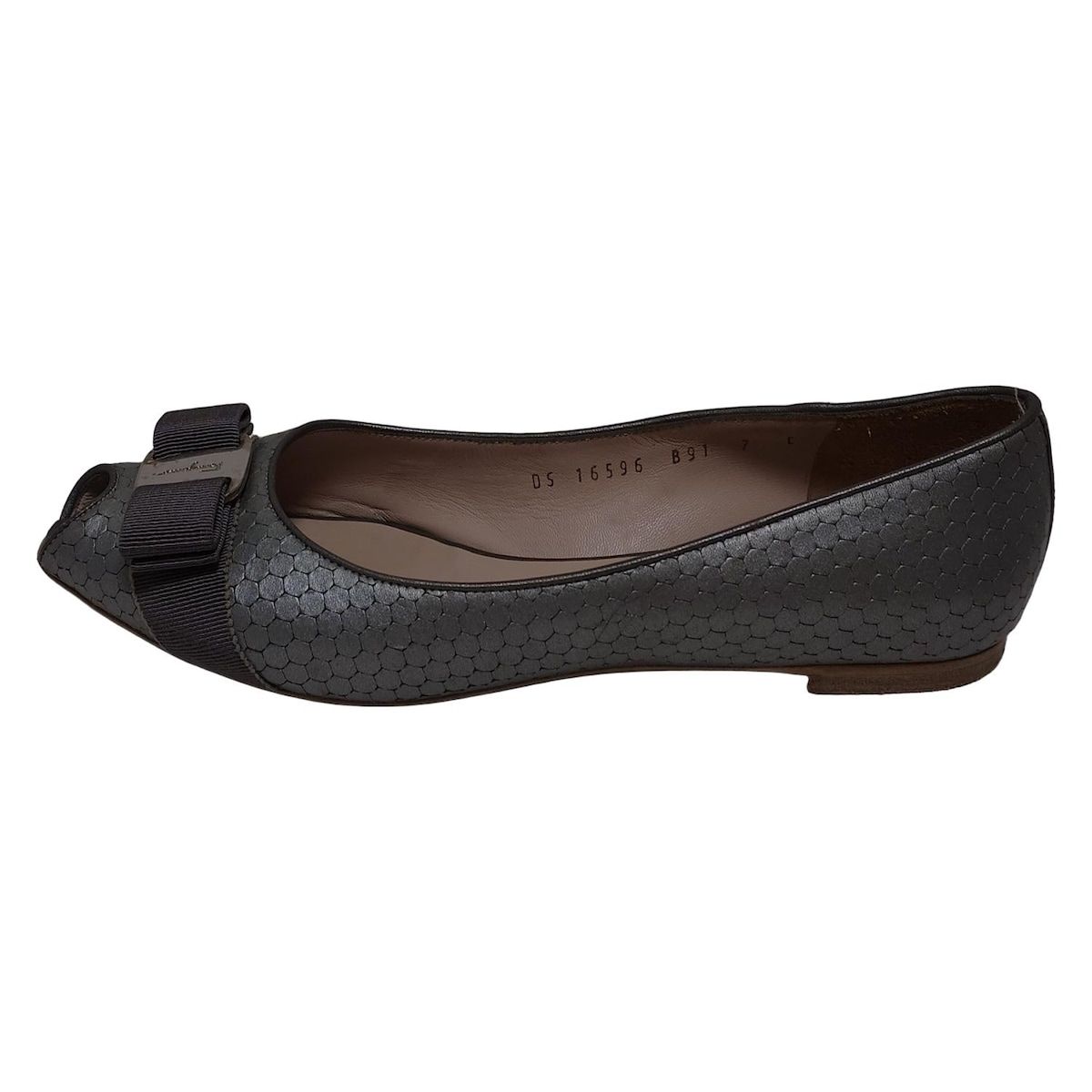 サルバトーレフェラガモ フラットシューズ 7 C レディース - グレー ヴァラ 型押し加工 オープントゥ レザー