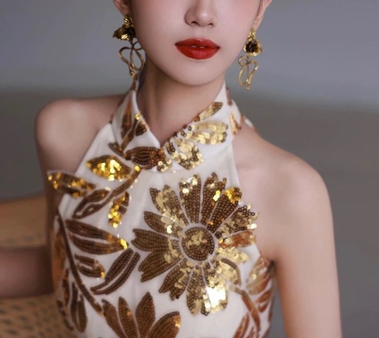  花柄 パーティー ゴールド ドレス スパンコール ロング 演奏会 発表会 グリッター ソフトマーメイド ウェディングドレス ドレス ブライダル