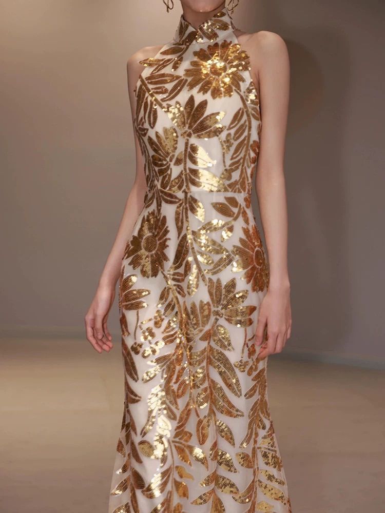 花柄 パーティー ゴールド ドレス スパンコール ロング 演奏会 発表会 グリッター ソフトマーメイド