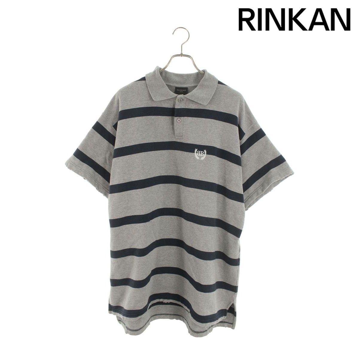 バレンシアガ 826527 TSVF 6 ダメージ加工ロゴ刺繍オーバーサイズボーダー半袖ポロシャツ メンズ 2