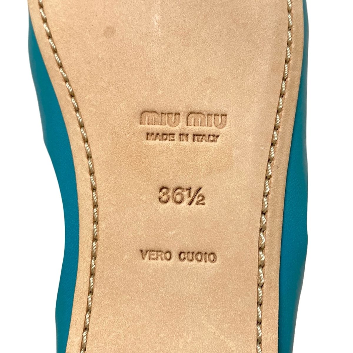  miumiu ミュウミュウ フラットシューズ 36 1 2 レディース - ブルーグリーン×ライトブラウン レースアップ レザー フラットシューズ バレエシューズ パンプス