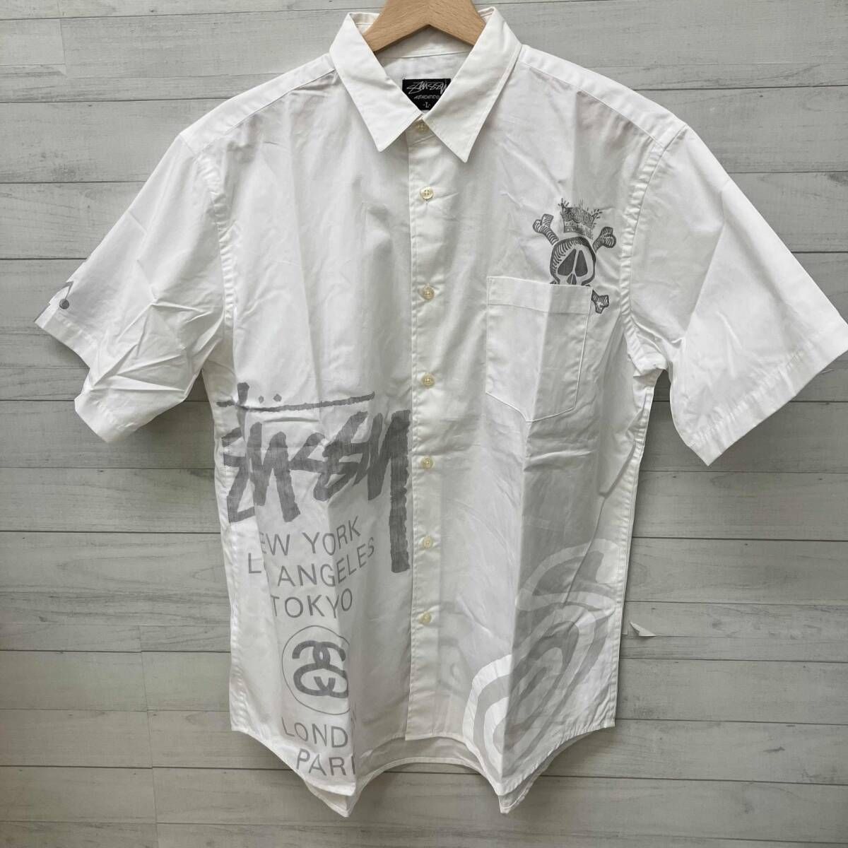 STUSSY ステューシー 半袖シャツ 透かしプリントシャツ メンズ Lサイズ ホワイト