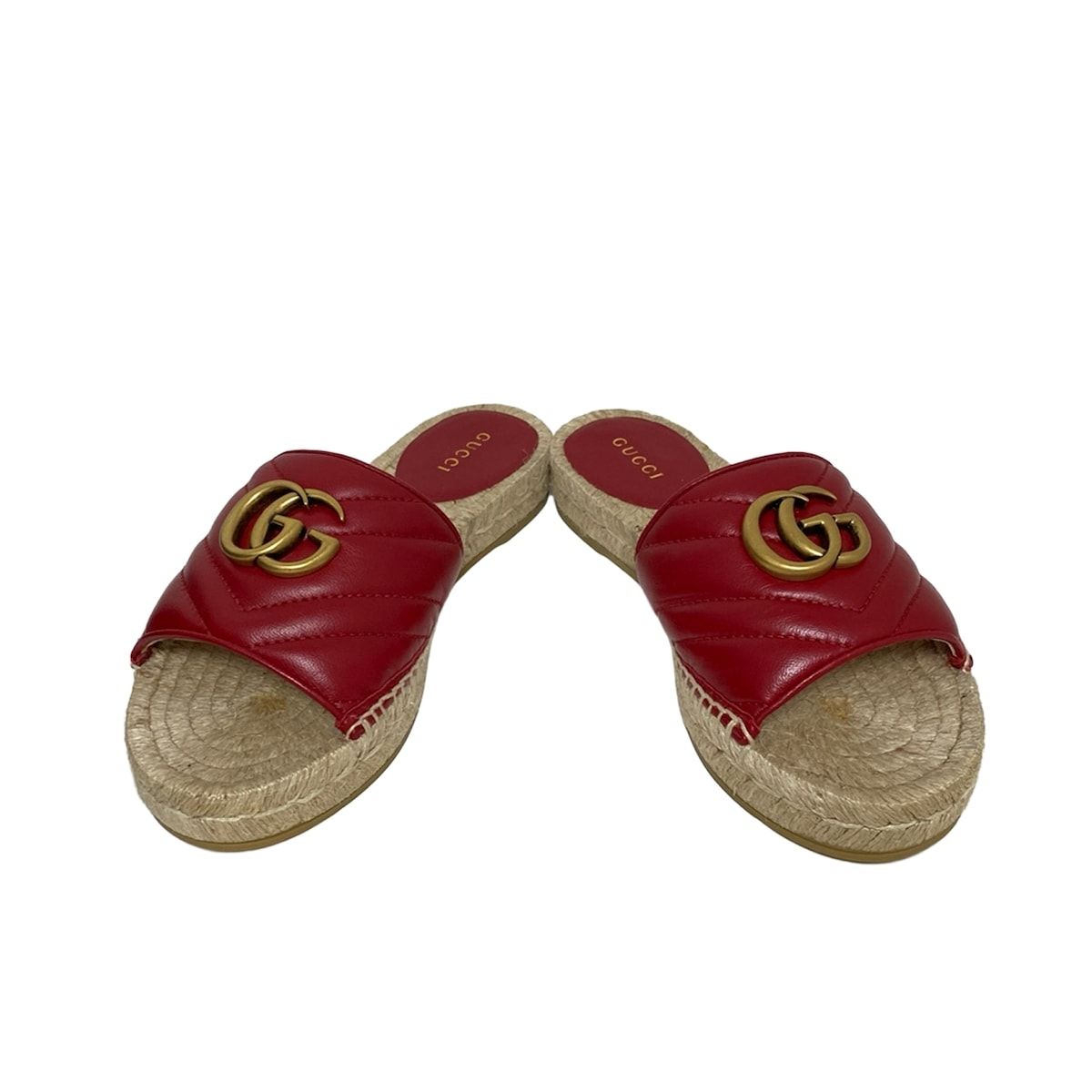 GUCCI グッチ サンダル 35 レディース - 573028 レッド ダブルG キルティング エスパドリーユ レザー