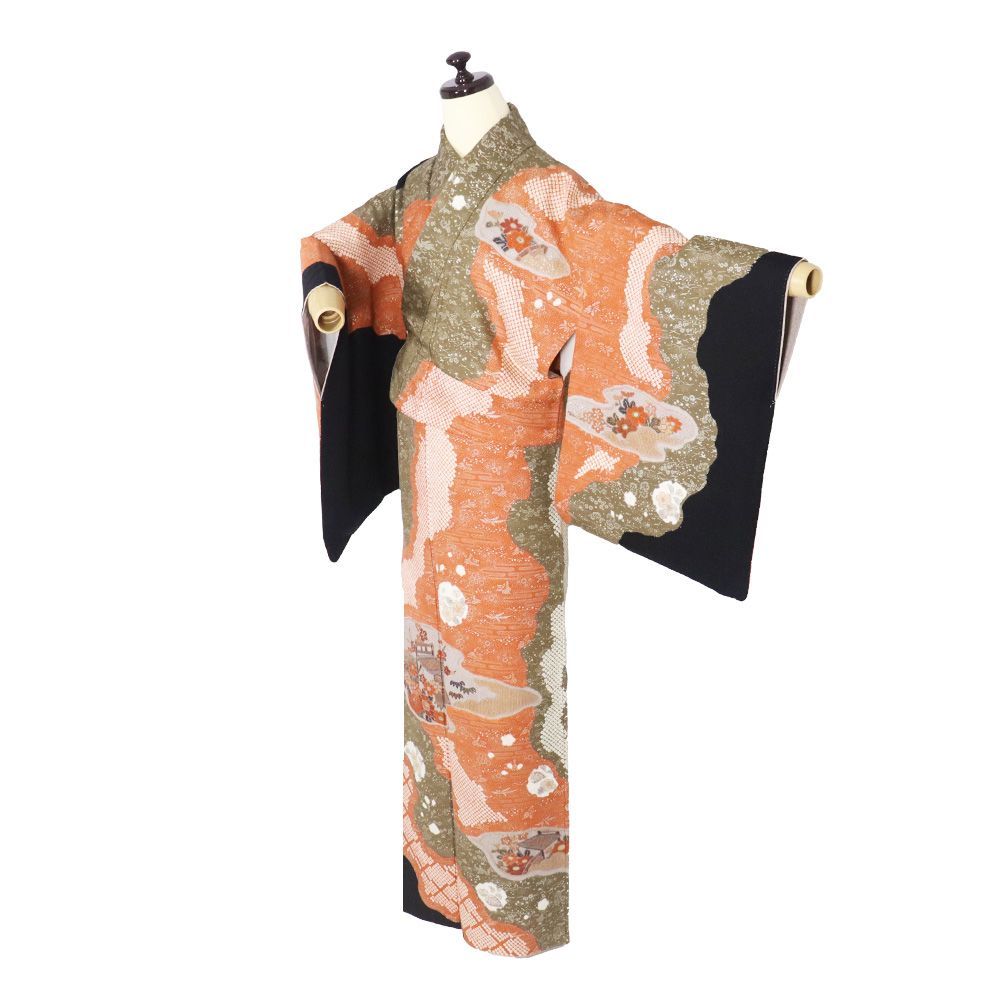 絞り訪問着 袷 正絹 レンガ色 緑 黒 刺繍 菊 牡丹 梅 笹 絞り 鹿の子 辻が花 Sサイズ ki 31511 レディース フォーマル