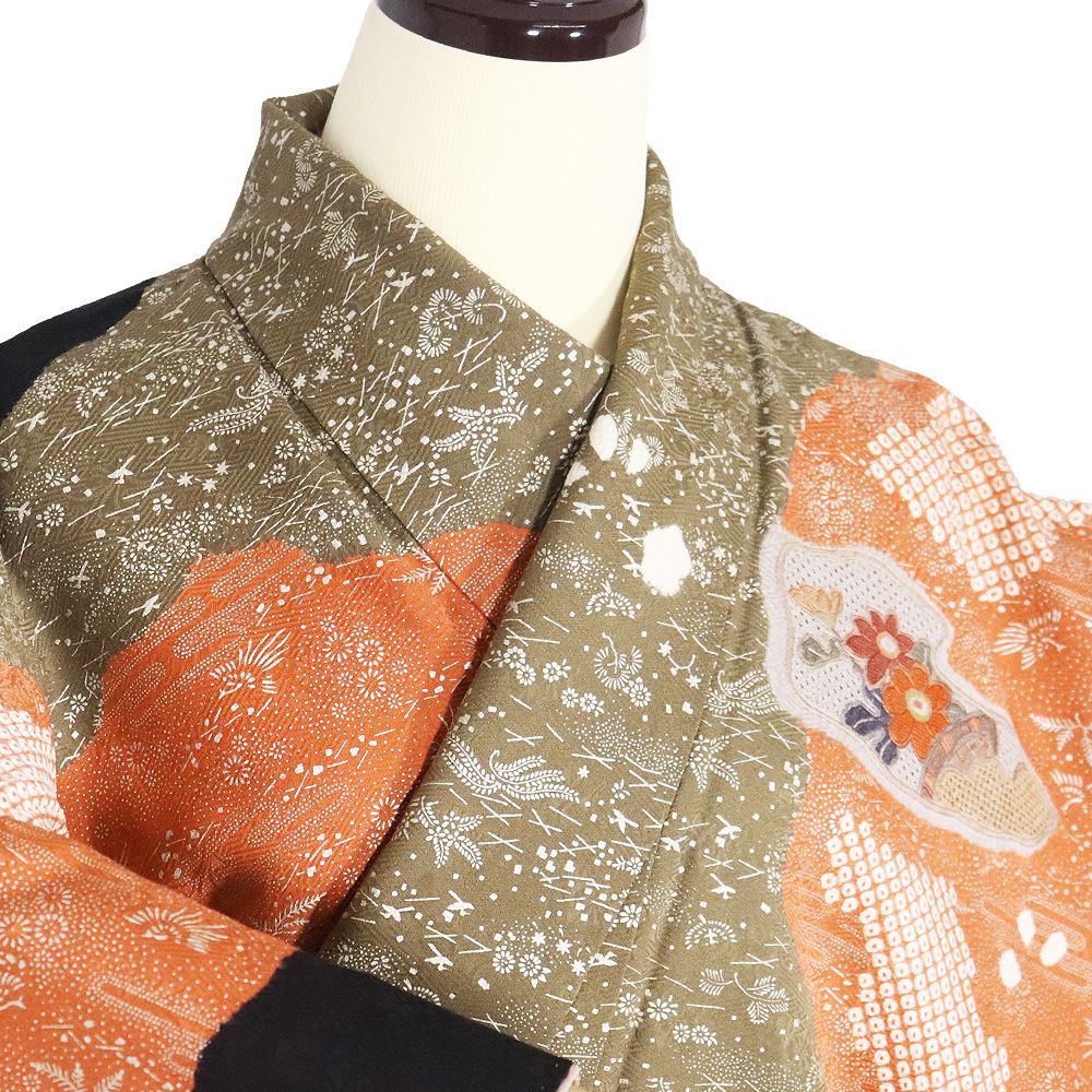  絞り訪問着 袷 正絹 レンガ色 緑 黒 刺繍 菊 牡丹 梅 笹 絞り 鹿の子 辻が花 Sサイズ ki 31511 レディース フォーマル 訪問着 付け下げ 着物