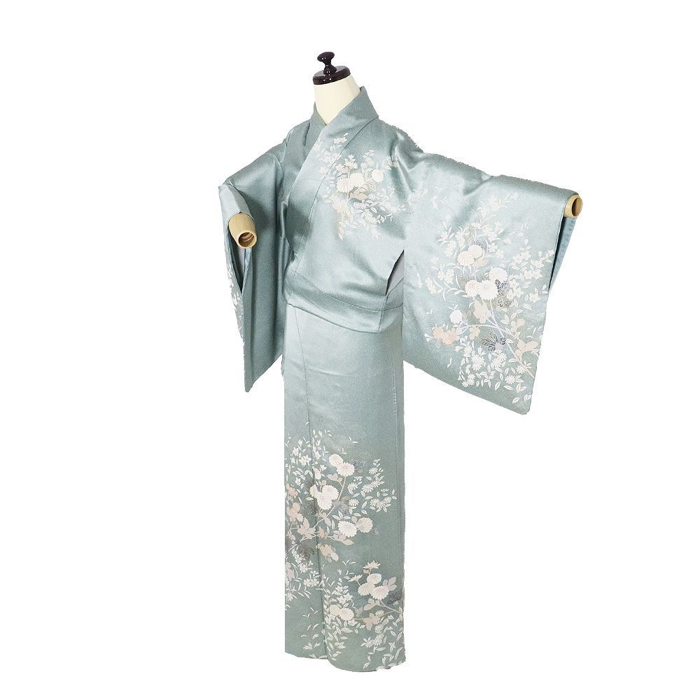 訪問着 袷 正絹 緑 暈し 菊 桔梗 撫子 Lサイズ ki 31512 レディース シルク ギフト フォーマル 30代 40代 50代