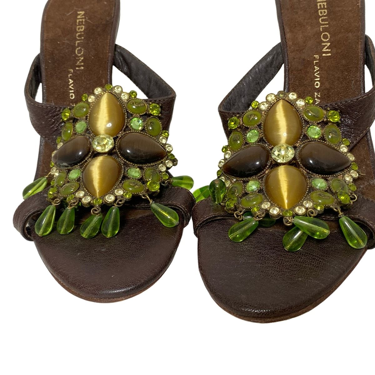  ネブローニ ミュール 35 レディース - ダークブラウン ラインストーン ビジュー ビーズ レザー ミュール サンダル ミュール