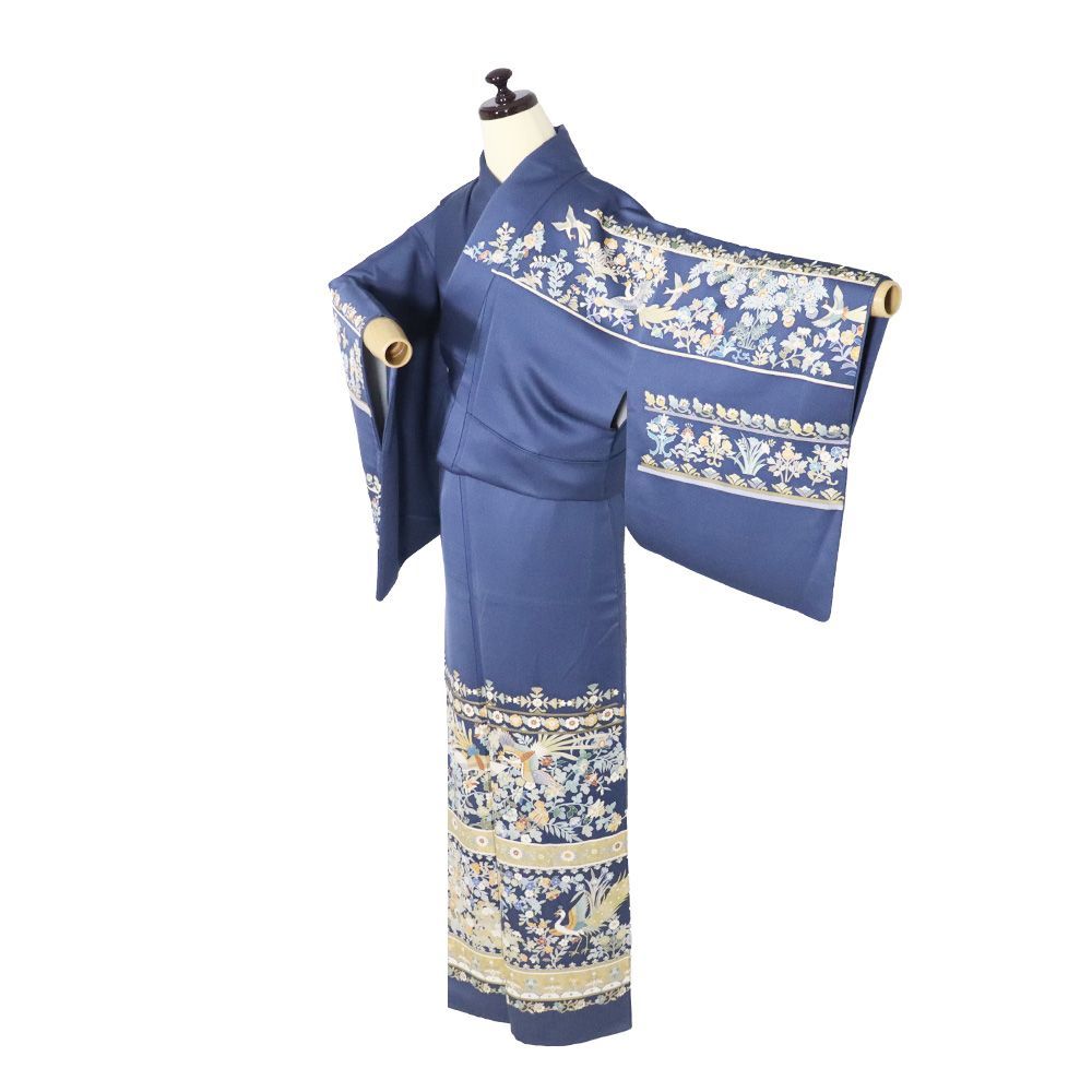 訪問着 袷 正絹 グレー紺 金箔 花喰鳥 金駒刺繍 唐花 パルメット唐草