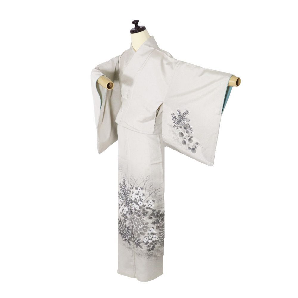 お召し 訪問着 袷 正絹 クリーム グレー 暈し 菊 笹 ススキ 南天 オミナエシ 月下美人 7号 Sサイズ ki 31515 レディース